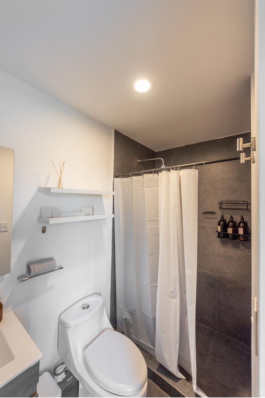 Primary bathroom — walk-in shower with dark porcelain tile and white fixtures