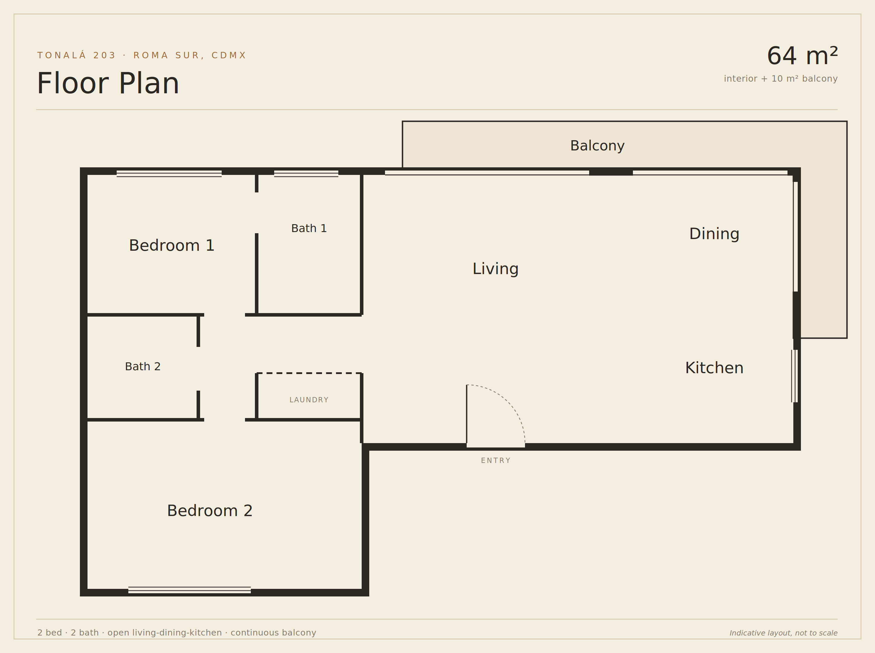 Floor plan of the Tonalá 203 apartment — 64 m² interior plus 10 m² balcony: two bedrooms, two baths, open living-dining-kitchen and a continuous balcony
