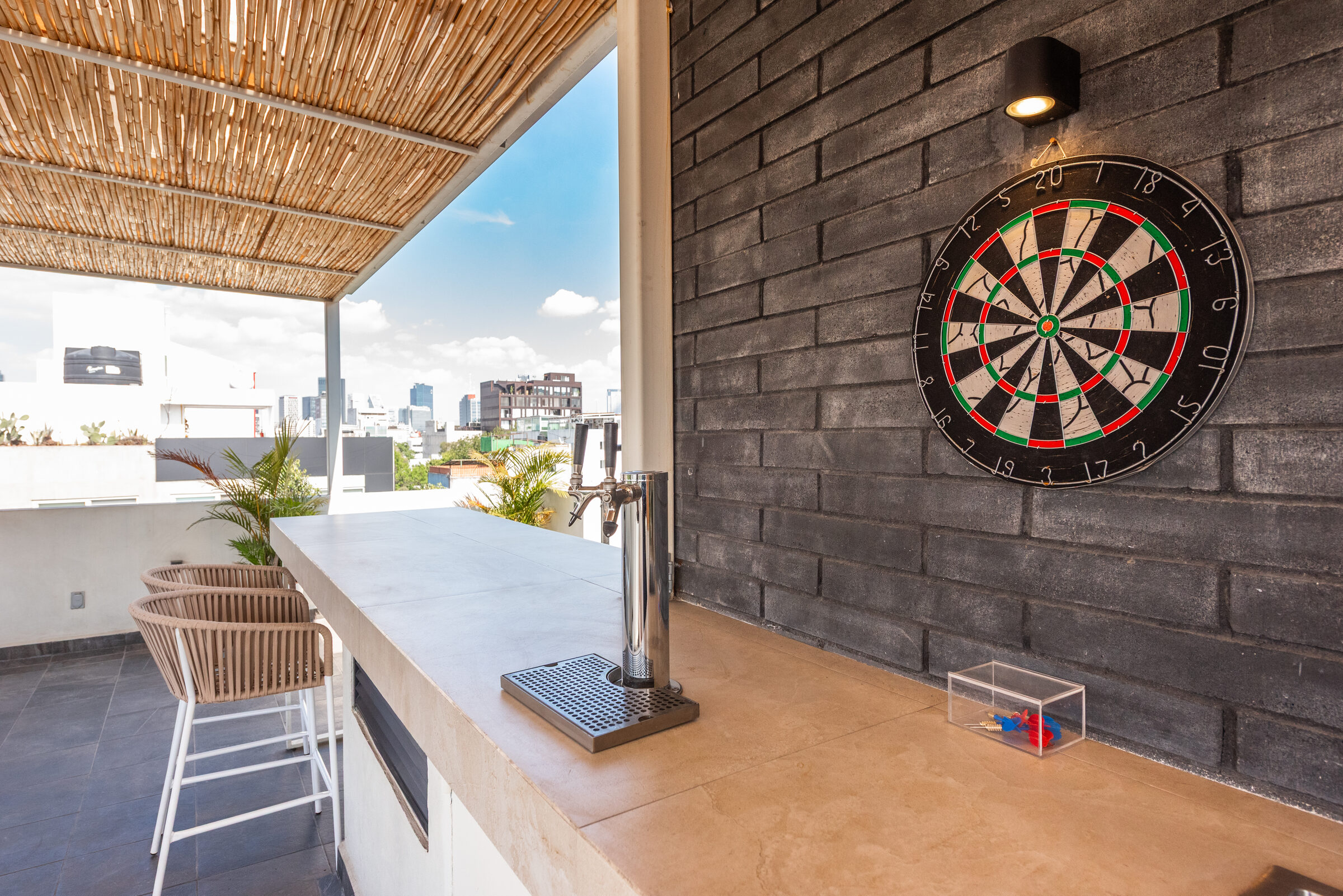 Private rooftop bar with draft beer system and Mexico City skyline